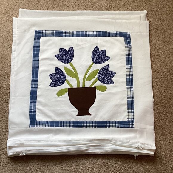 4 Big Handmade Cushion Covers Floral Applique Blue White 24" Square Country Home - Picture 1 of 4